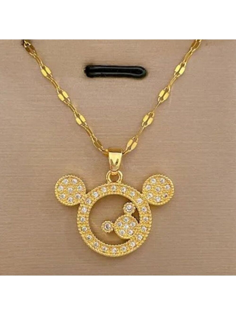18k Gold Plated Stainless Steel Zircon Stone Mickey Mouse Pendant and Lip Chain